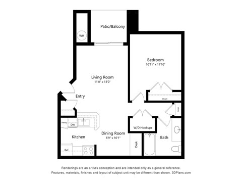 Floor plan for 1 bed, 1 bath, 650 sqft